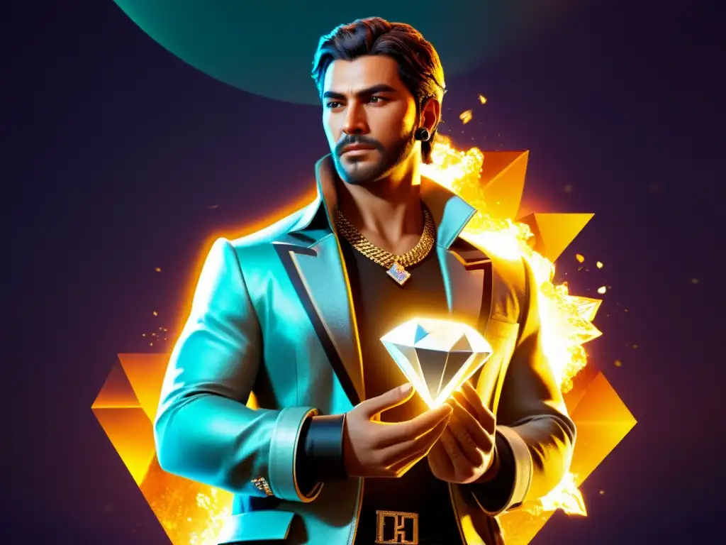 Un personaje de Free Fire sostiene un accesorio premium con detalles de diamantes, en un ambiente de juego moderno y elegante