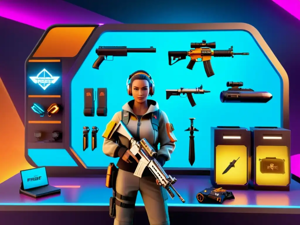 Un personaje de FreeFire examina accesorios y armas en un entorno futurista, destacando la variedad de opciones y estrategias en el juego