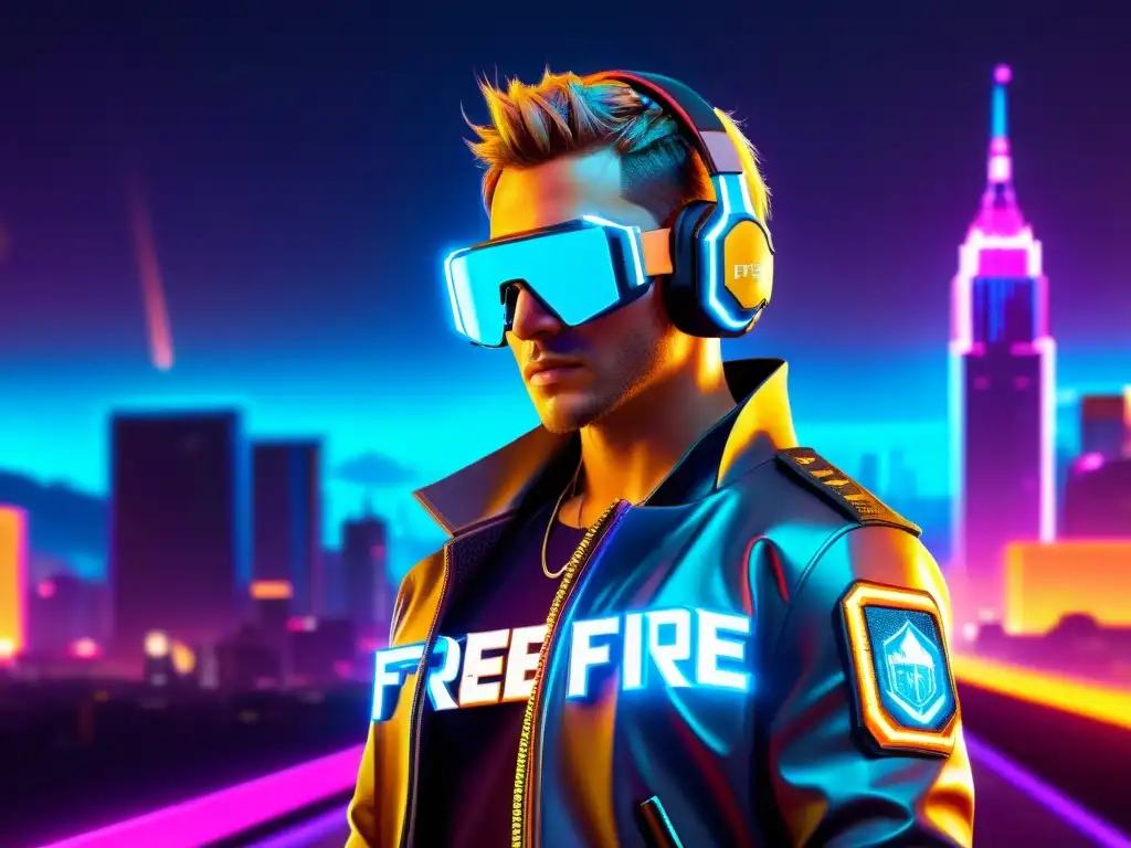 Personaje de Free Fire con accesorios destacar Free Fire 2023 en escena futurista y vibrante