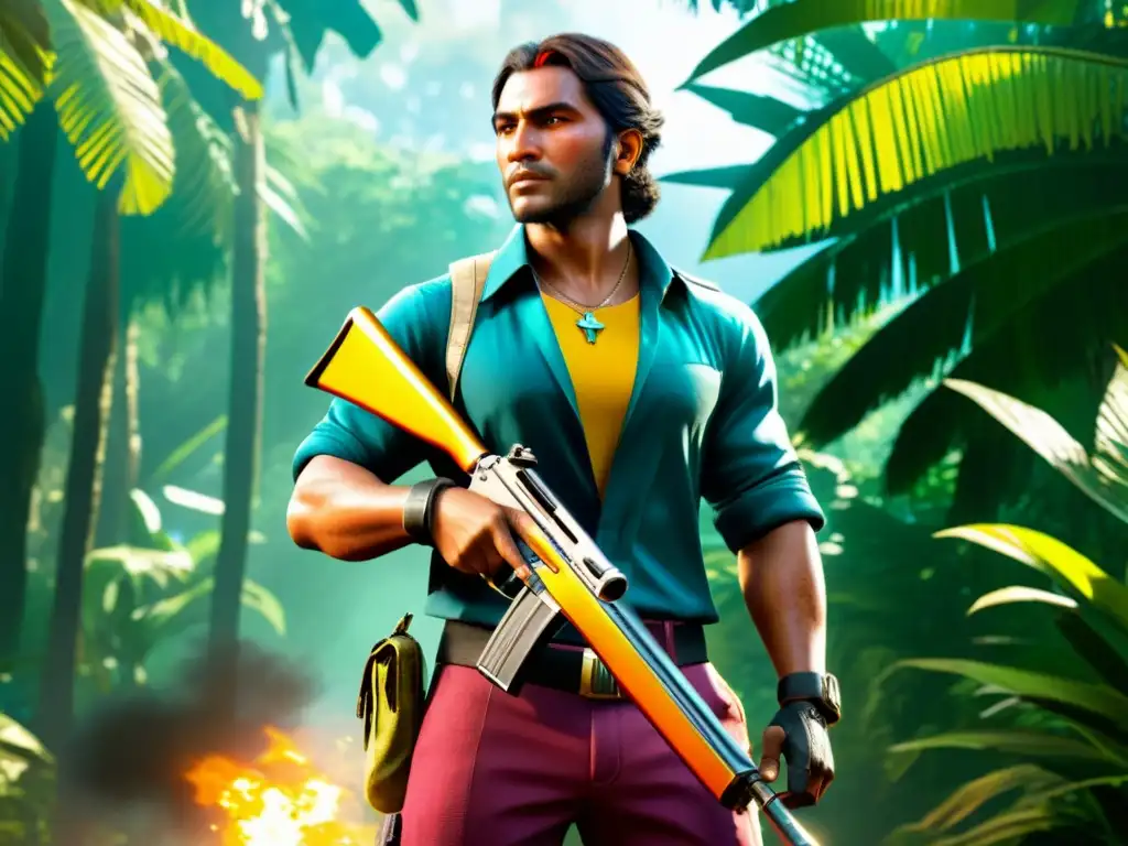 Un personaje de Free Fire sostiene un arma rara en una jungla tropical