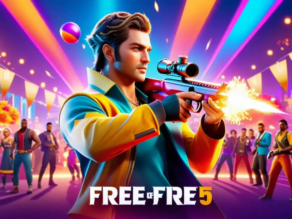 Un personaje de Free Fire con un arma temática en un evento vibrante