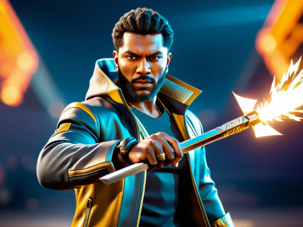 Personaje de Free Fire con armas blancas en una pose feroz, con determinación en los ojos y un fondo futurista dramático