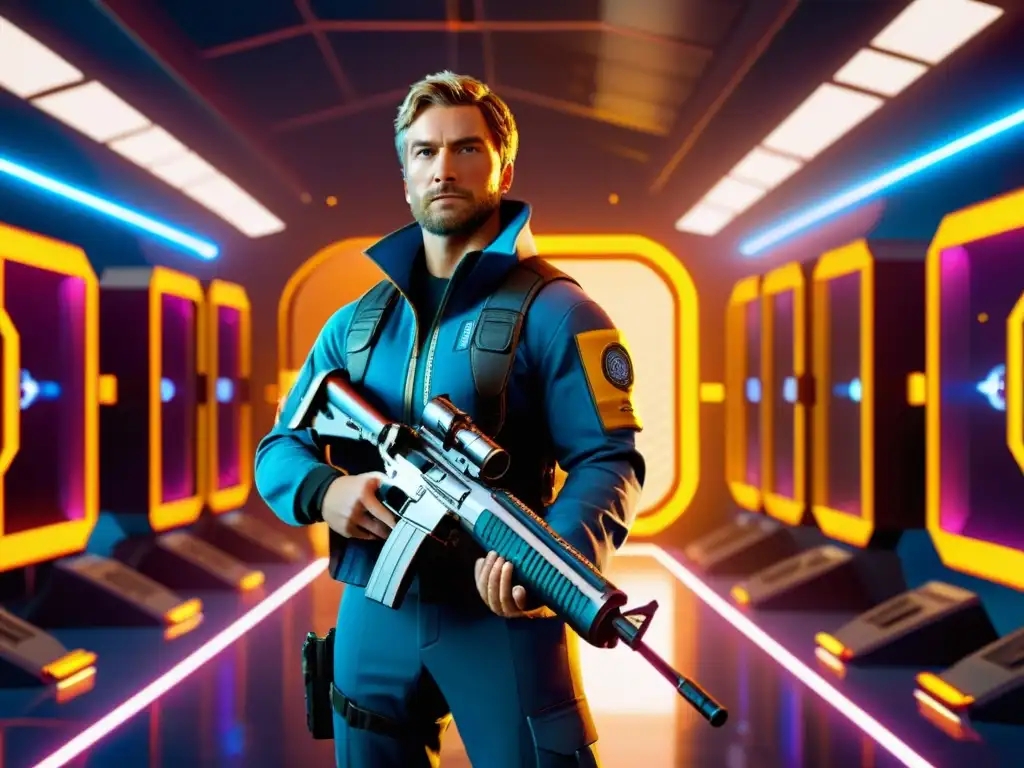 Un personaje de Free Fire en un arsenal futurista con las mejores armas, exhibiendo profesionalismo y tecnología de vanguardia