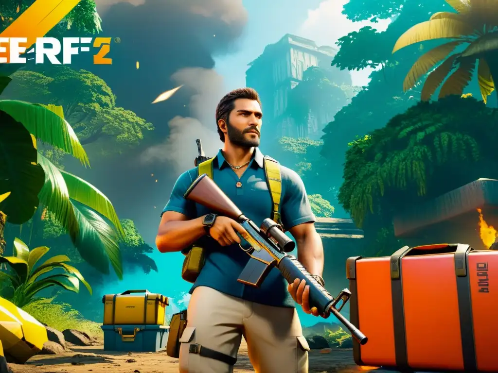 Un personaje de Free Fire organiza el botín en una exuberante jungla, transmitiendo determinación y estrategia en la optimización de loot en FreeFire