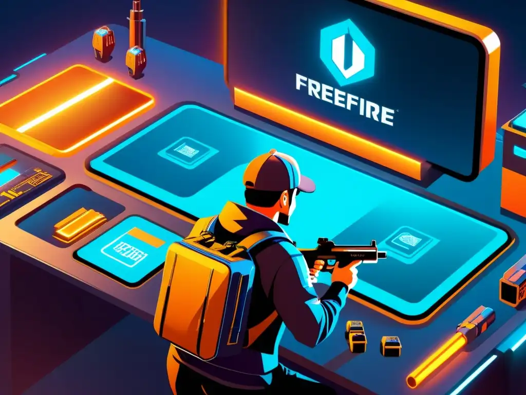 Un personaje de FreeFire administra efectivamente su botín en una interfaz futurista, rodeado de tecnología avanzada