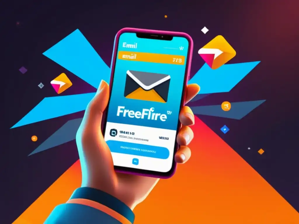 Un personaje de FreeFire muestra una campaña de email marketing en su smartphone