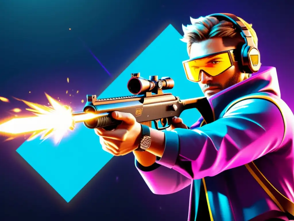 Un personaje de Free Fire estratégicamente navegando en un campo de batalla virtual, rodeado de diamantes brillantes y powerups