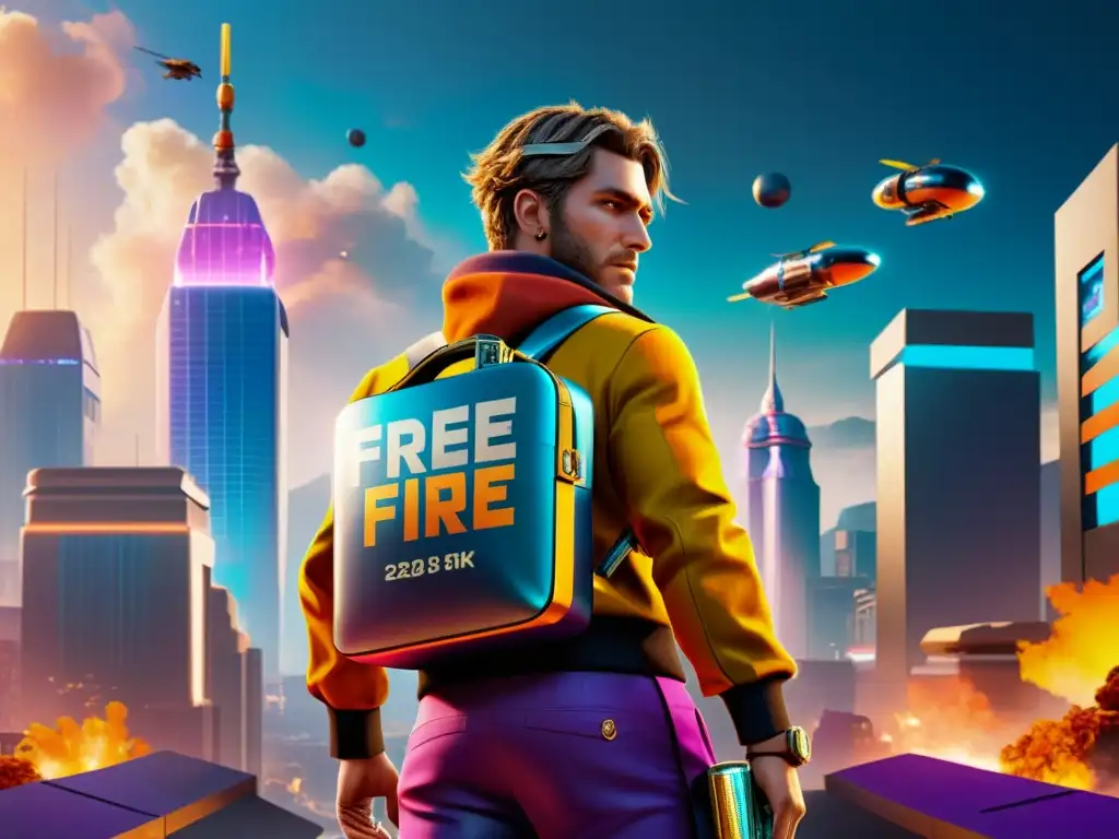 Un personaje de Free Fire en una ciudad futurista, mostrando ítems y moneda del juego, con efectos visuales vibrantes