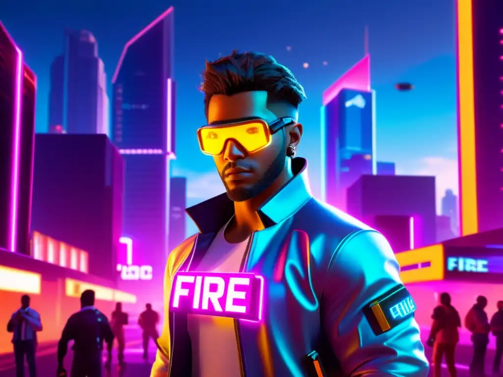 Un personaje de Free Fire en una ciudad futurista, con luces de neón y rascacielos