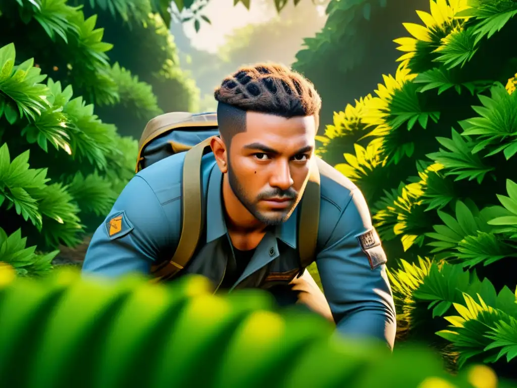 Un personaje de FreeFire se camufla en la densa vegetación, destacando las mejores estrategias de camuflaje en el juego