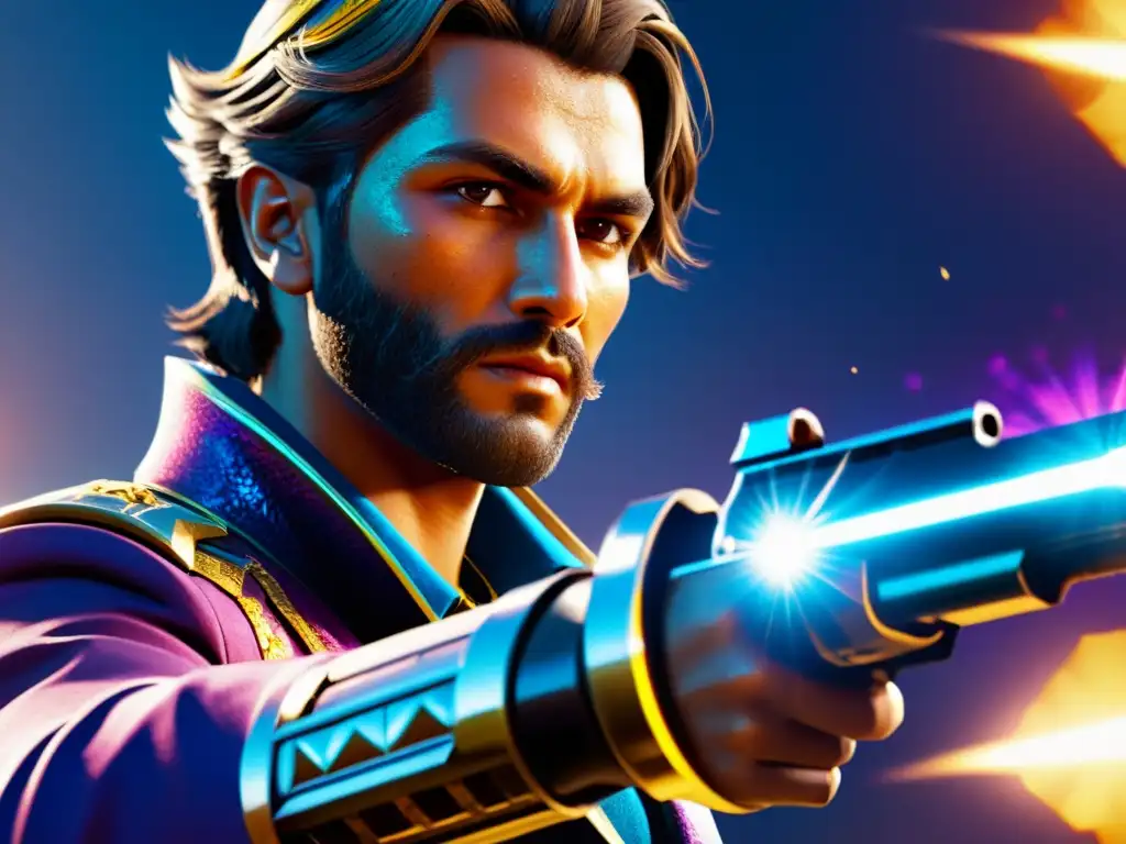 Un personaje de Free Fire sostiene una deslumbrante skin de arma incrustada con diamantes, reflejando paisajes del juego