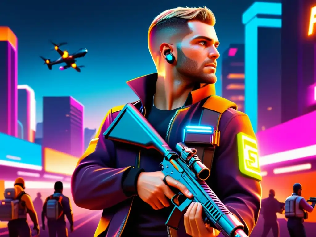 Personaje de FreeFire maximiza eficiencia en la gestión de recursos en un entorno urbano futurista, con luces de neón