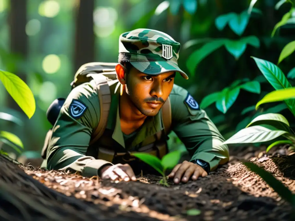 Un personaje de élite en equipo de camuflaje se desplaza sin ser detectado en la densa jungla, con determinación y sigilo, en busca de peligros