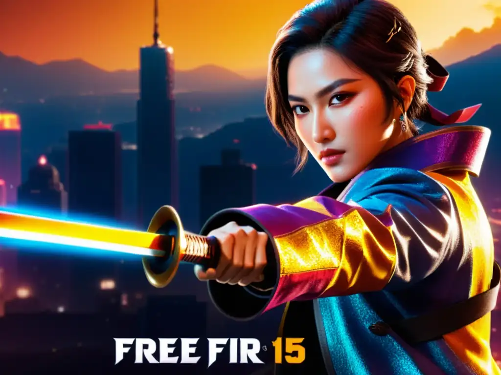 Un personaje en Free Fire empuña una katana brillante frente a un paisaje urbano neoniluminado, listo para el combate