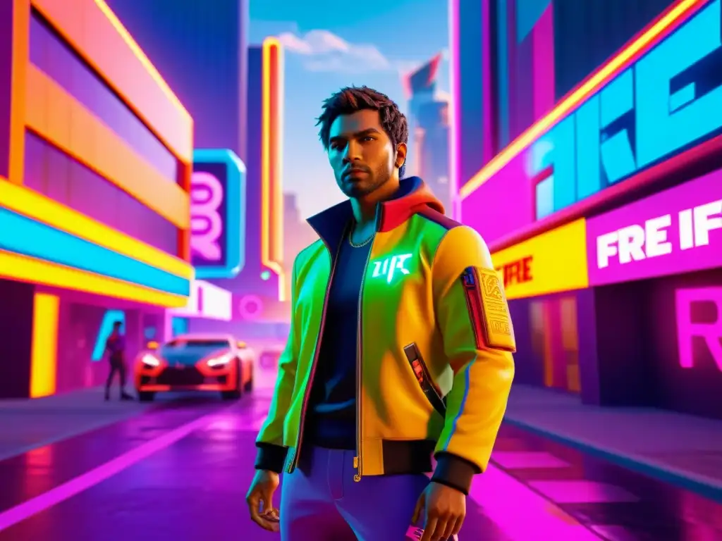 Un personaje de Free Fire en un entorno urbano futurista, rodeado de edificios vibrantes