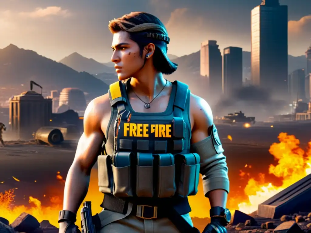 Un personaje de Free Fire con equipamiento esencial para sobrevivir, en un paisaje urbano postapocalíptico