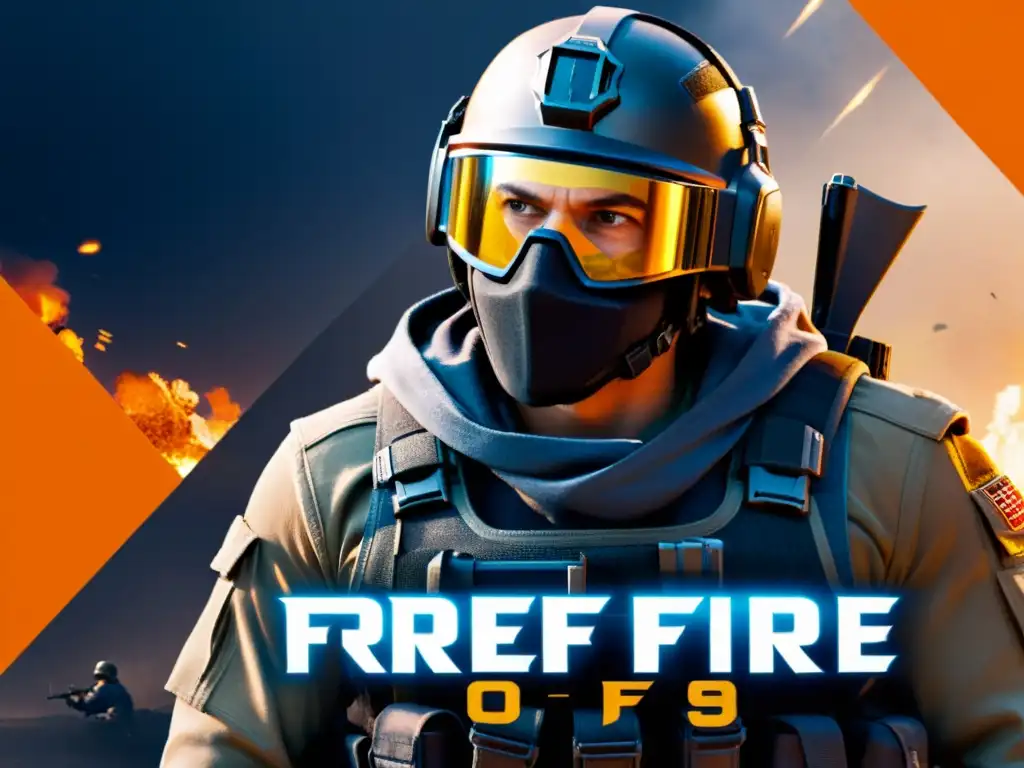 Un personaje de Free Fire, con equipo táctico avanzado, crouched behind cover con expresión determinada, sosteniendo un arma poderosa