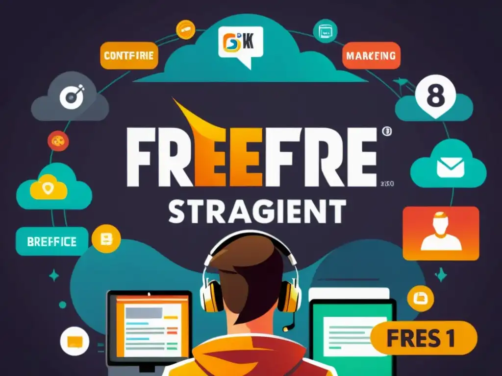 Un personaje de FreeFire implementando estrategias SEO para gaming, rodeado de plataformas digitales y datos analíticos