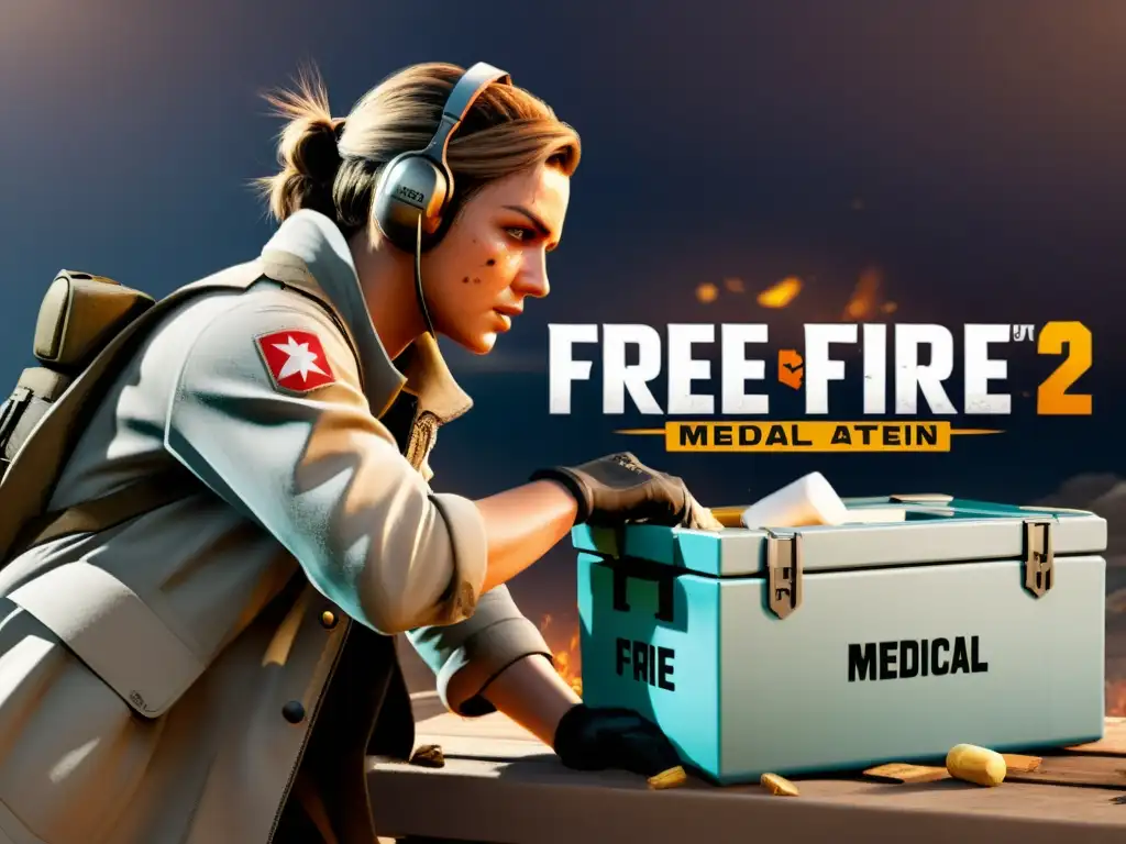 Un personaje de Free Fire usando estrategias de uso de equipamiento médico en medio de una intensa batalla, resaltando su importancia