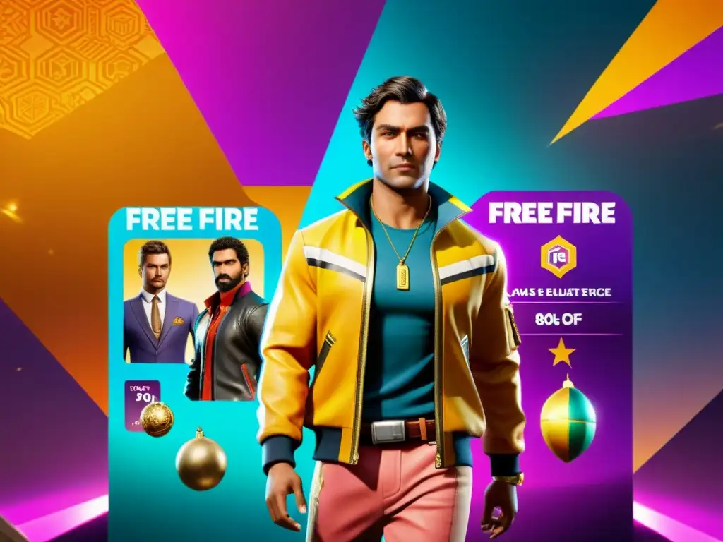 Un personaje de Free Fire destaca frente a un fondo deslumbrante, rodeado de recompensas exclusivas y objetos cosméticos, ilustrando el valor de invertir en el Pase Élite Free Fire análisis