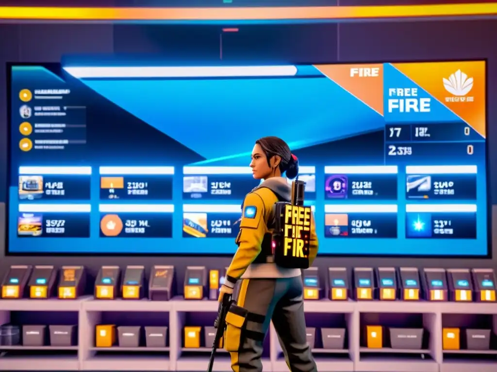 Personaje de Free Fire frente a inventario organizado con armas y consejos gestión inventario Free Fire en hologramas futuristas