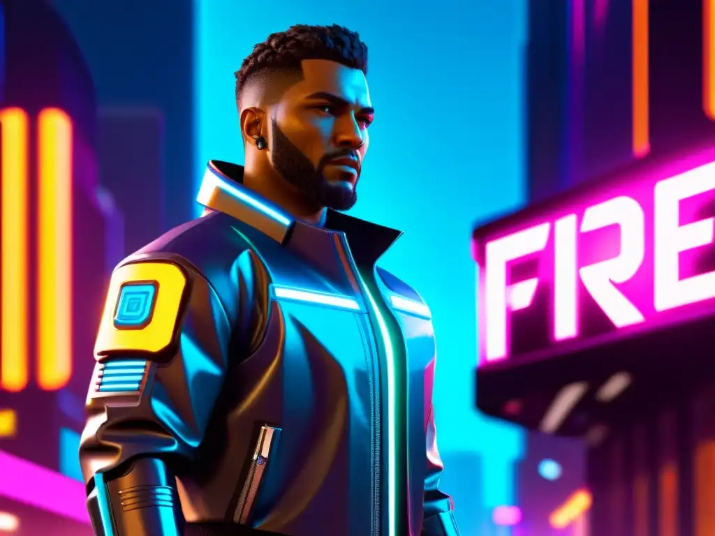 Un personaje futurista de Free Fire en un ambiente cyberpunk, reflejando las tendencias de diseño de personajes en Free Fire 2023