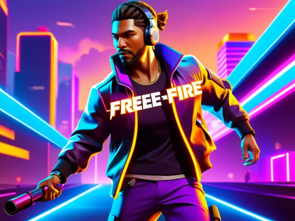 Un personaje de Free Fire realiza un gesto popular en un vibrante escenario urbano futurista, destacando gestos y bailes populares Free Fire