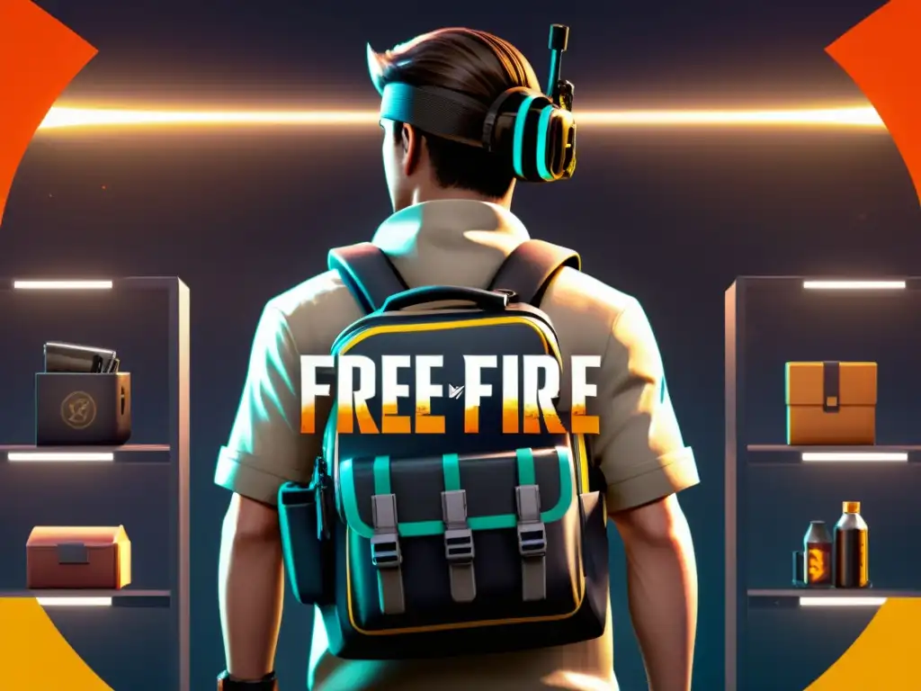 Personaje de Free Fire gestionando el inventario con armas, munición y objetos