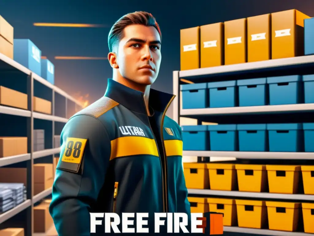 Personaje de Free Fire organizando y optimizando su inventario con determinación, maximizando espacio y eficiencia