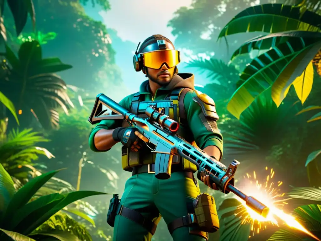 Personaje de Free Fire en la jungla con armadura futurista y armamento, mostrando la emoción del juego