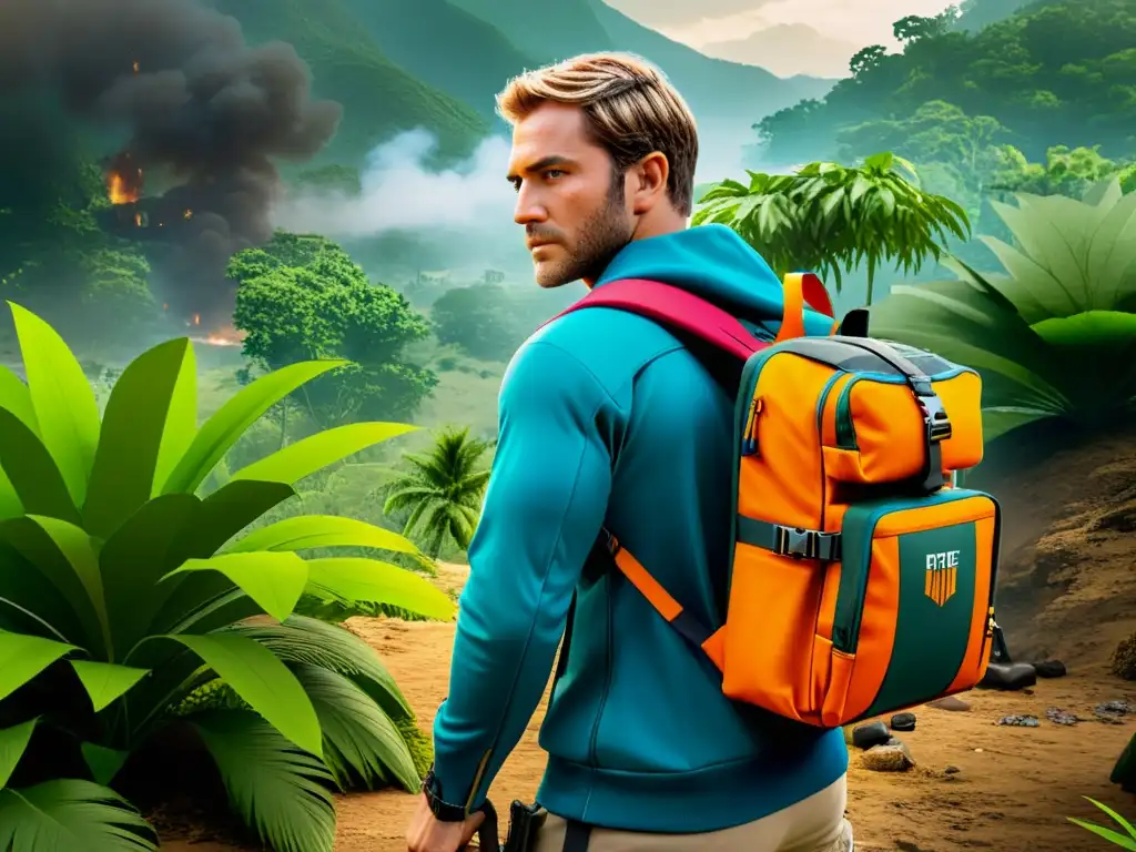 Un personaje de Free Fire caza en la jungla con una mochila táctica cargada de equipo, mostrando las mejores mochilas Free Fire