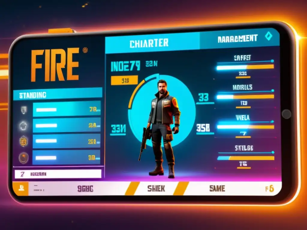 Personaje de Free Fire junto a una interfaz futurista de gestión de inventario, maximizando el inventario en el juego con armas, equipo y recursos