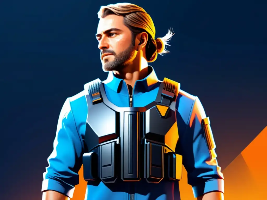 Un personaje de Free Fire con el mejor chaleco antibalas, moderno y futurista, mostrando alta tecnología y detalles sofisticados