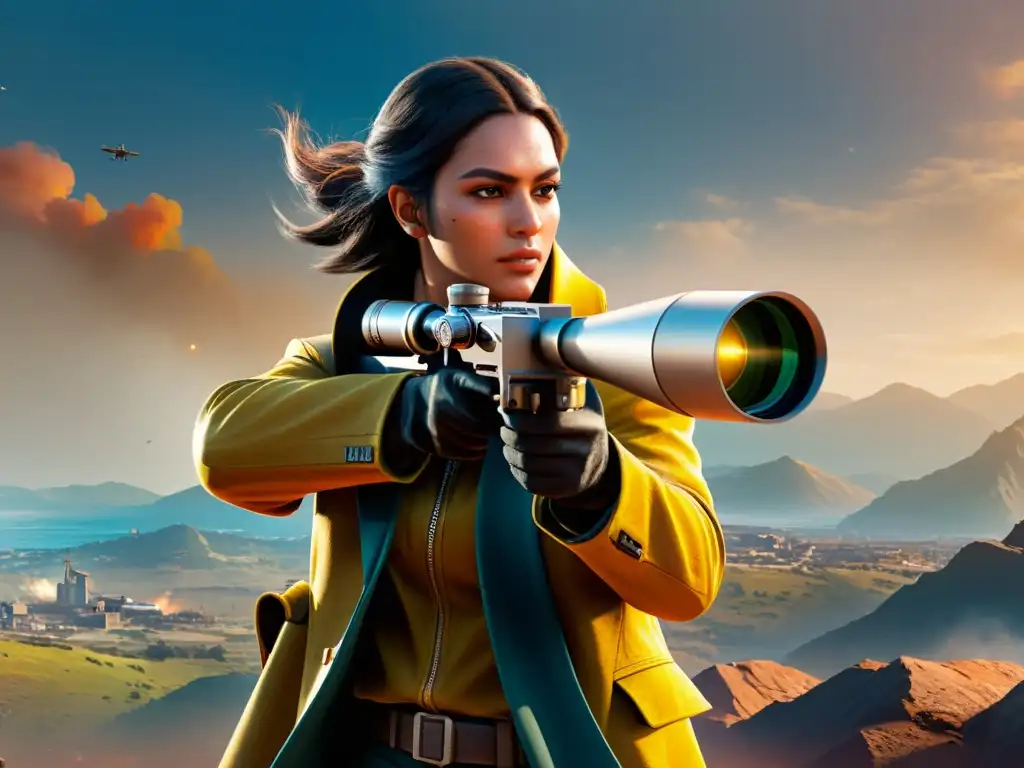 Un personaje de Free Fire con la mira telescópica lista, observando un paisaje detallado