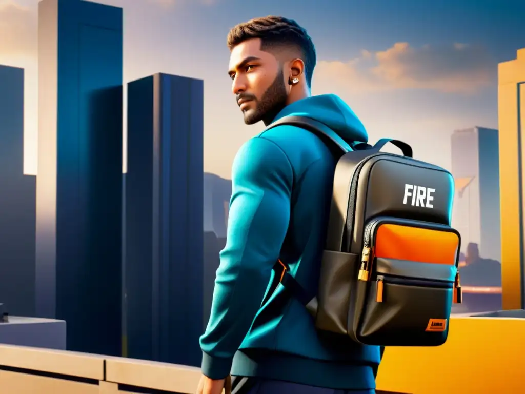 Un personaje de Free Fire con una mochila moderna y funcional destaca en un paisaje urbano vibrante, ideal para misiones en el juego