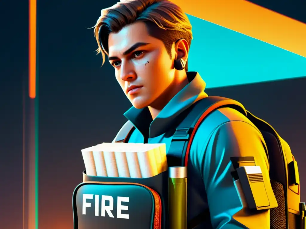 Un personaje de Free Fire maximiza botiquín y munición con meticulosidad en su mochila futurista, listo para la batalla en el juego de alta velocidad