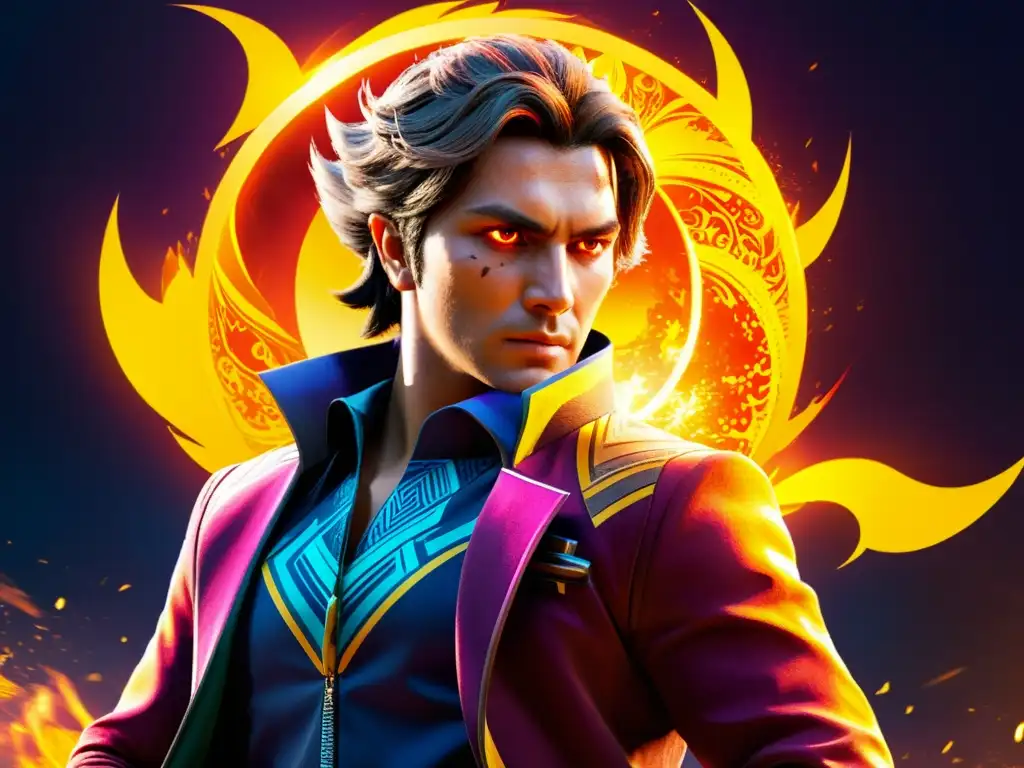 Un personaje de Free Fire con ojos brillantes y habilidades únicas, rodeado de efectos elementales, destacando el uso efectivo de habilidades FreeFire