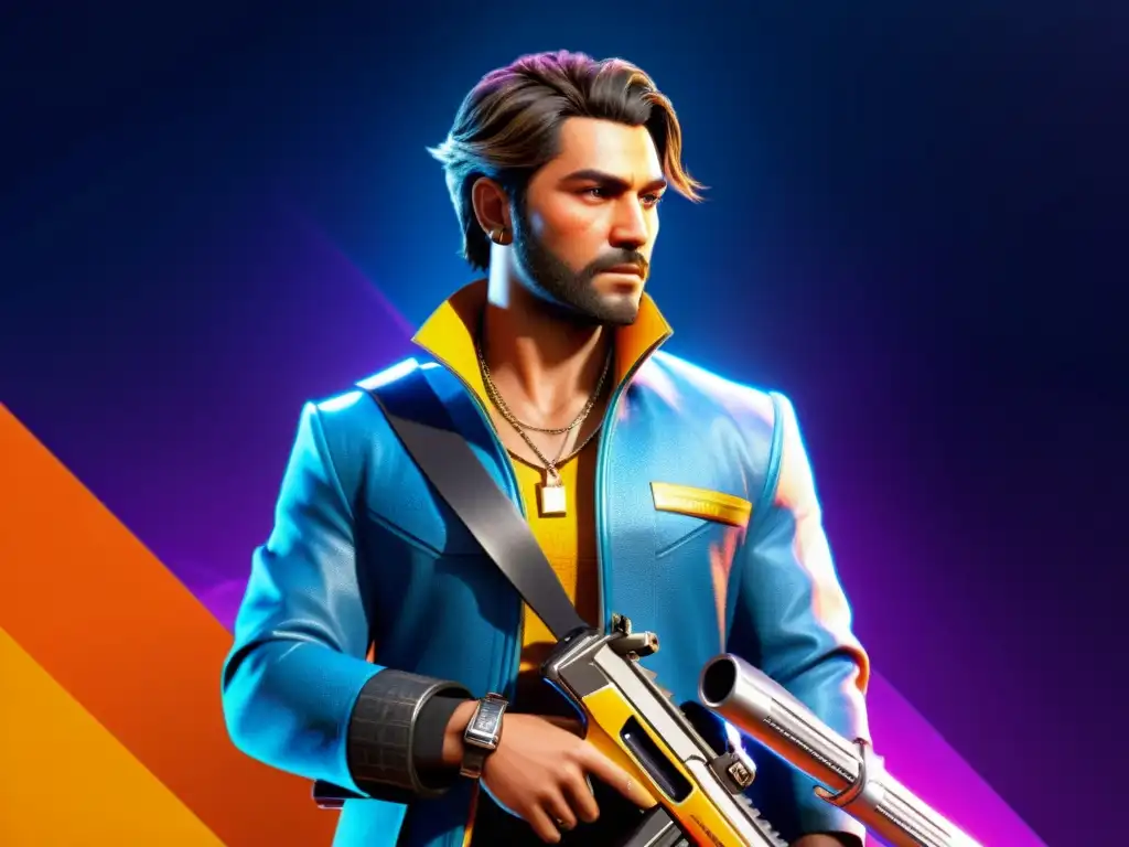 Personaje de Free Fire con una piel vibrante y detallada, en una postura de acción, destacando la emoción de adquirir las mejores skins Free Fire