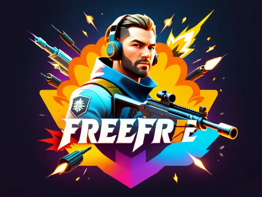 Un personaje de FreeFire con un poderoso rifle rodeado de habilidades