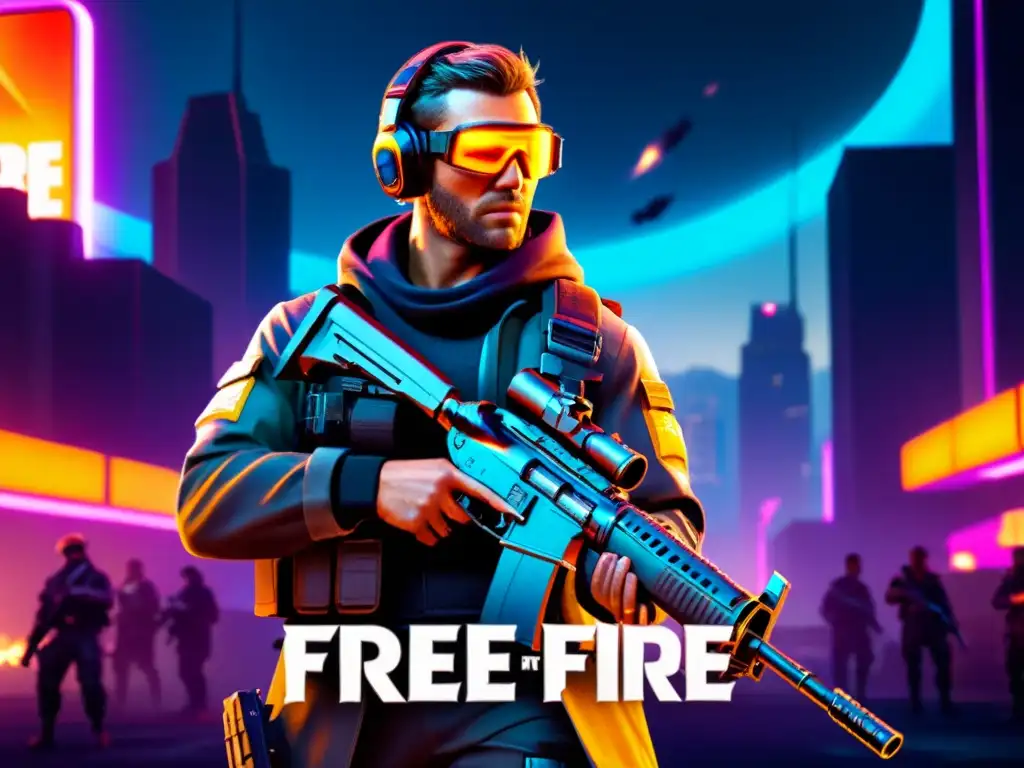 Personaje de Free Fire con rifle futurista en ciudad postapocalíptica