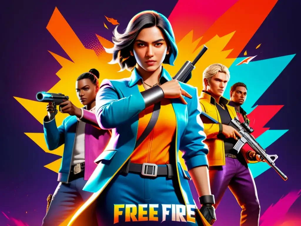 Un personaje de Free Fire rodeado de referencias culturales, en una pose dinámica con armas y colores vibrantes