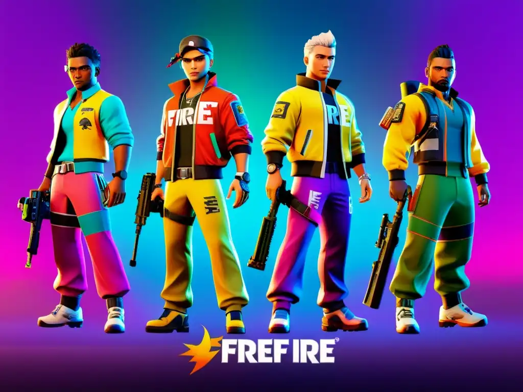 Un personaje de Free Fire rodeado de vibrantes y detalladas skins, exudando emoción y deseo