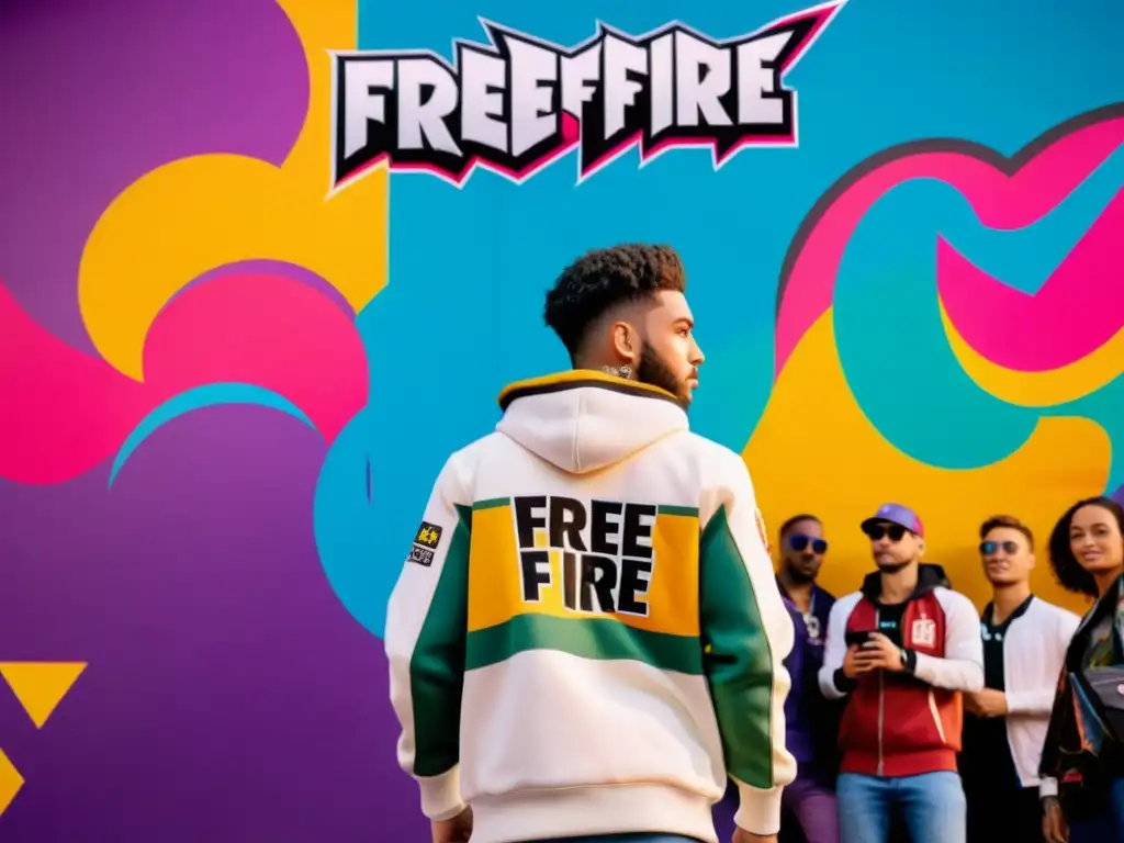 Personaje de Free Fire con ropa de marca frente a grafitis, rodeado de gamers