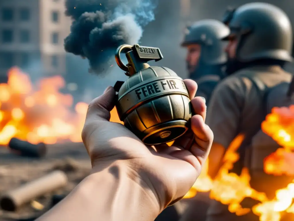 Un personaje de Free Fire agarra una granada, con determinación y tensión en su rostro, listo para lanzarla en medio del caos del campo de batalla