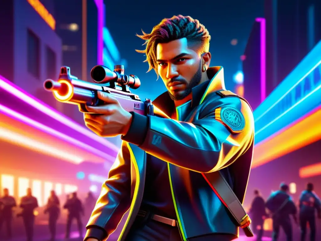 Un personaje de Free Fire con las últimas actualizaciones de armas, en un escenario urbano futurista iluminado por luces de neón