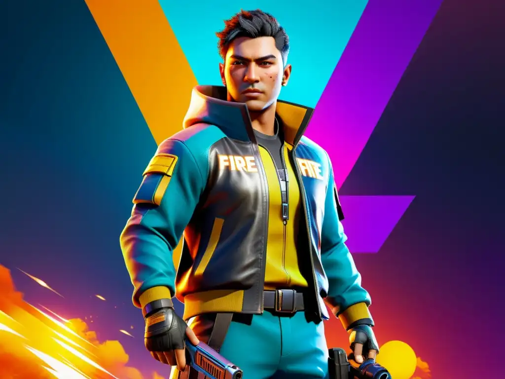 Un personaje de Free Fire destaca con una variedad de vibrantes y detalladas skins, mostrando temas futuristas, militares y de fantasía