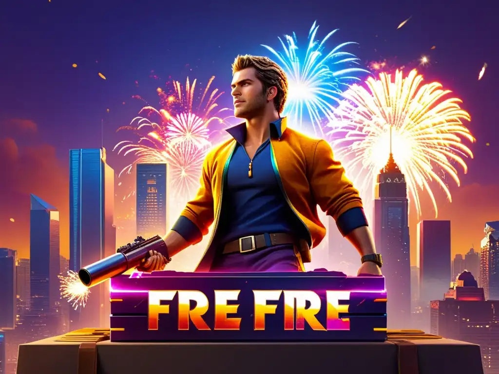 Un personaje de Free Fire posa victorioso sobre un montón de cofres del tesoro, rodeado de fuegos artificiales y brillos