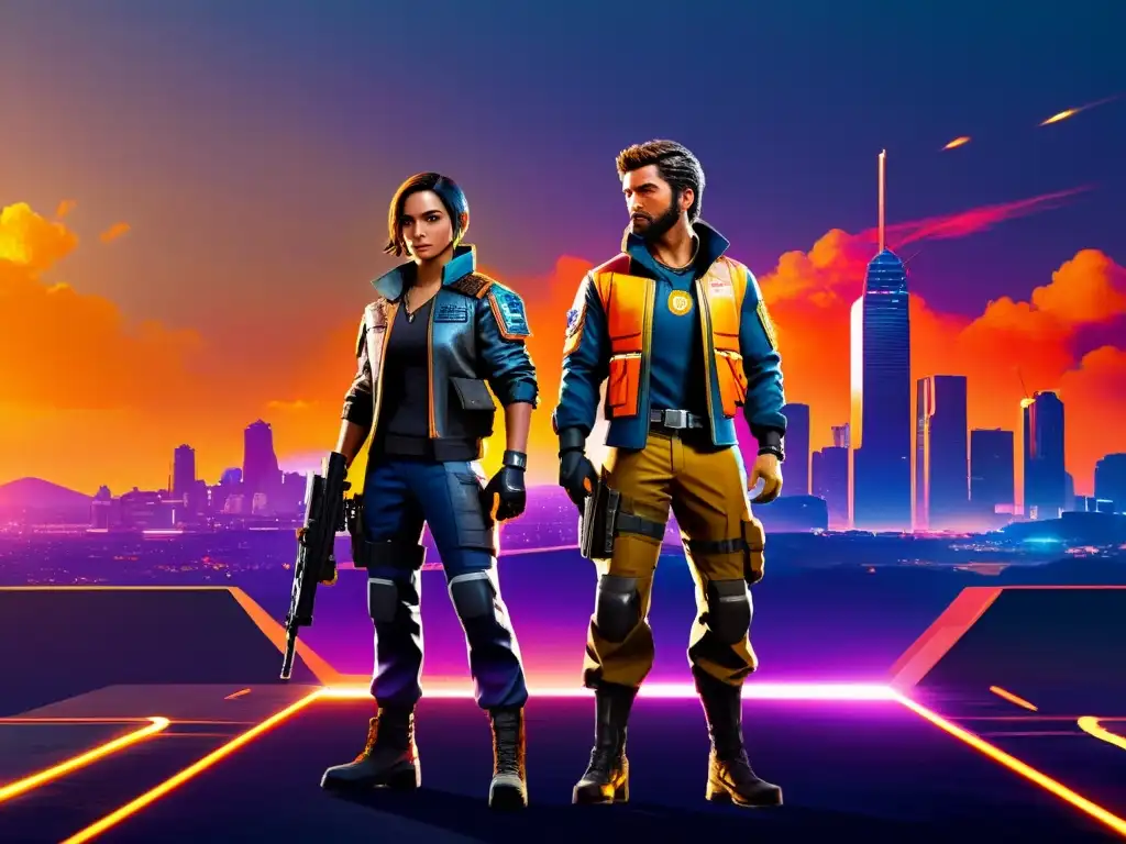 Dos personajes de Free Fire, con armadura futurista, en un paisaje postapocalíptico