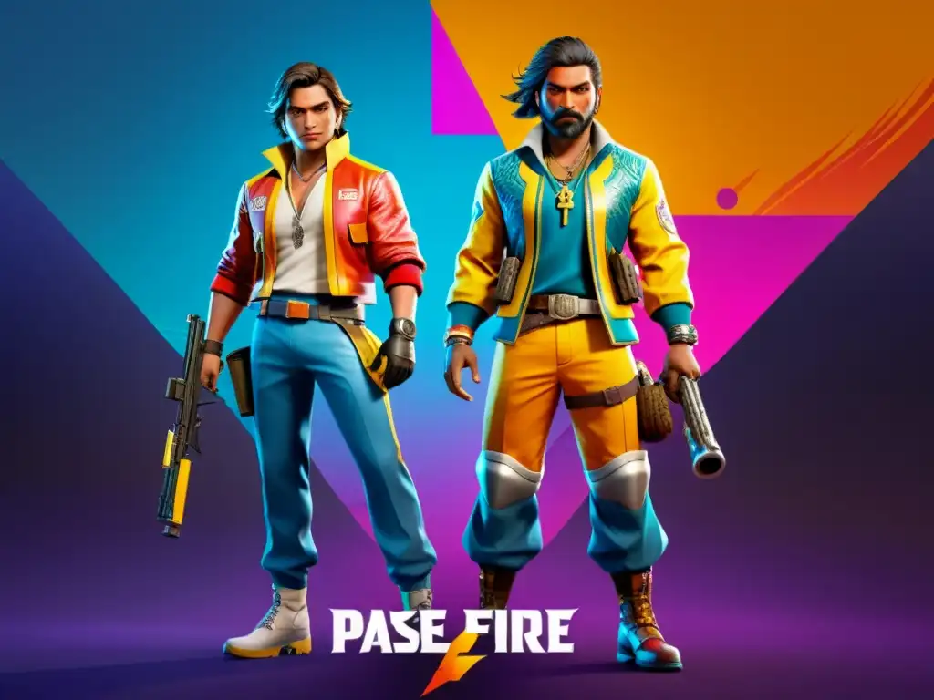 Dos personajes de Free Fire en Pase Élite y Pase de Batalla, contrastando estilos y detalles en un escenario dinámico