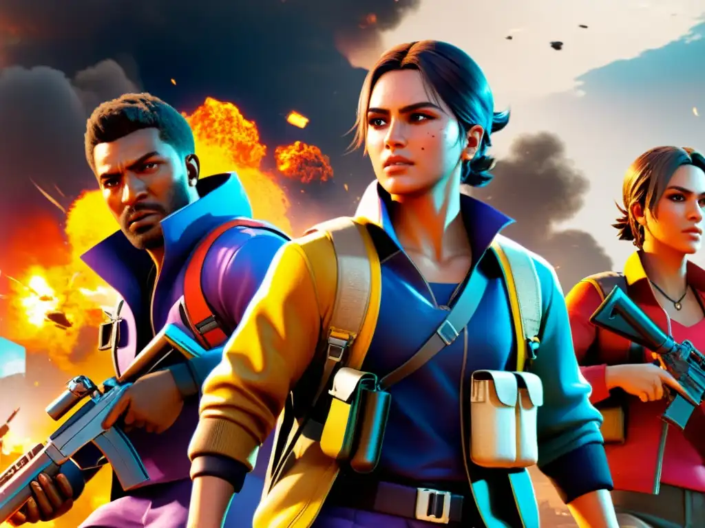 Personajes de Free Fire usando botiquines en medio de la batalla caótica, con detalles intensos y atmósfera de adrenalina